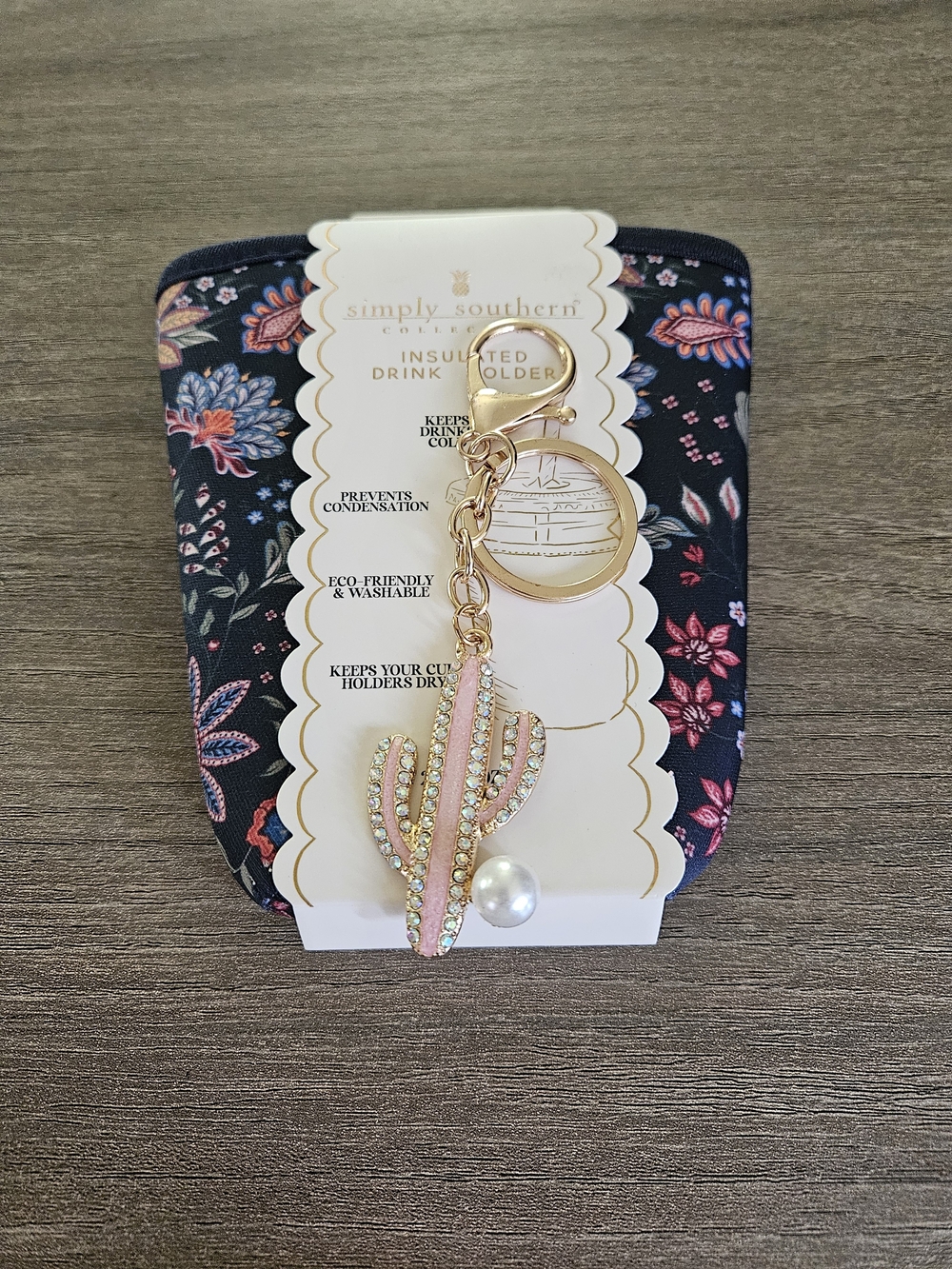 Simply Southern Can Koozie Pink Cactus Keychain with Pearl Accent